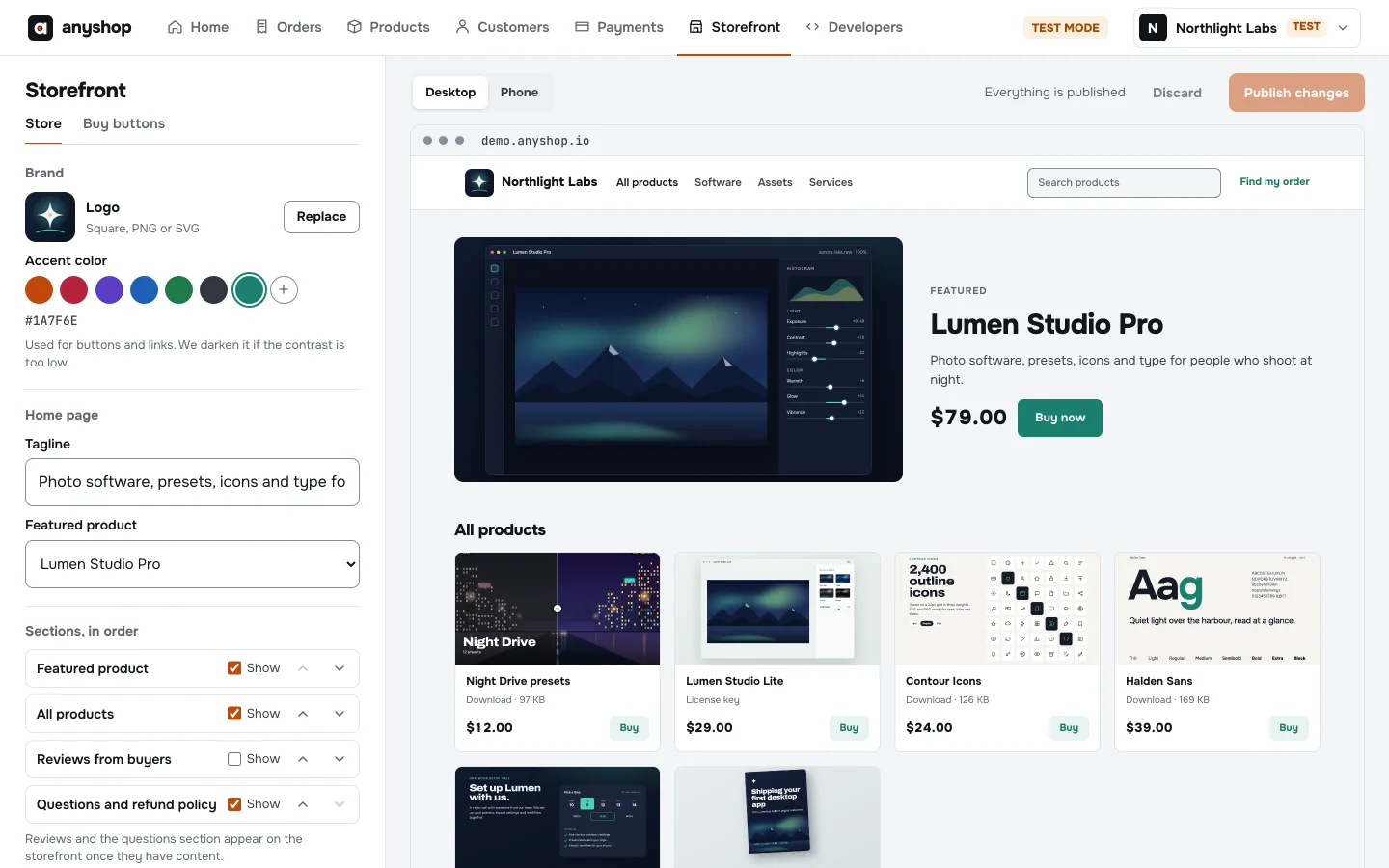 The storefront editor: logo, accent color, featured product and a live preview of the store